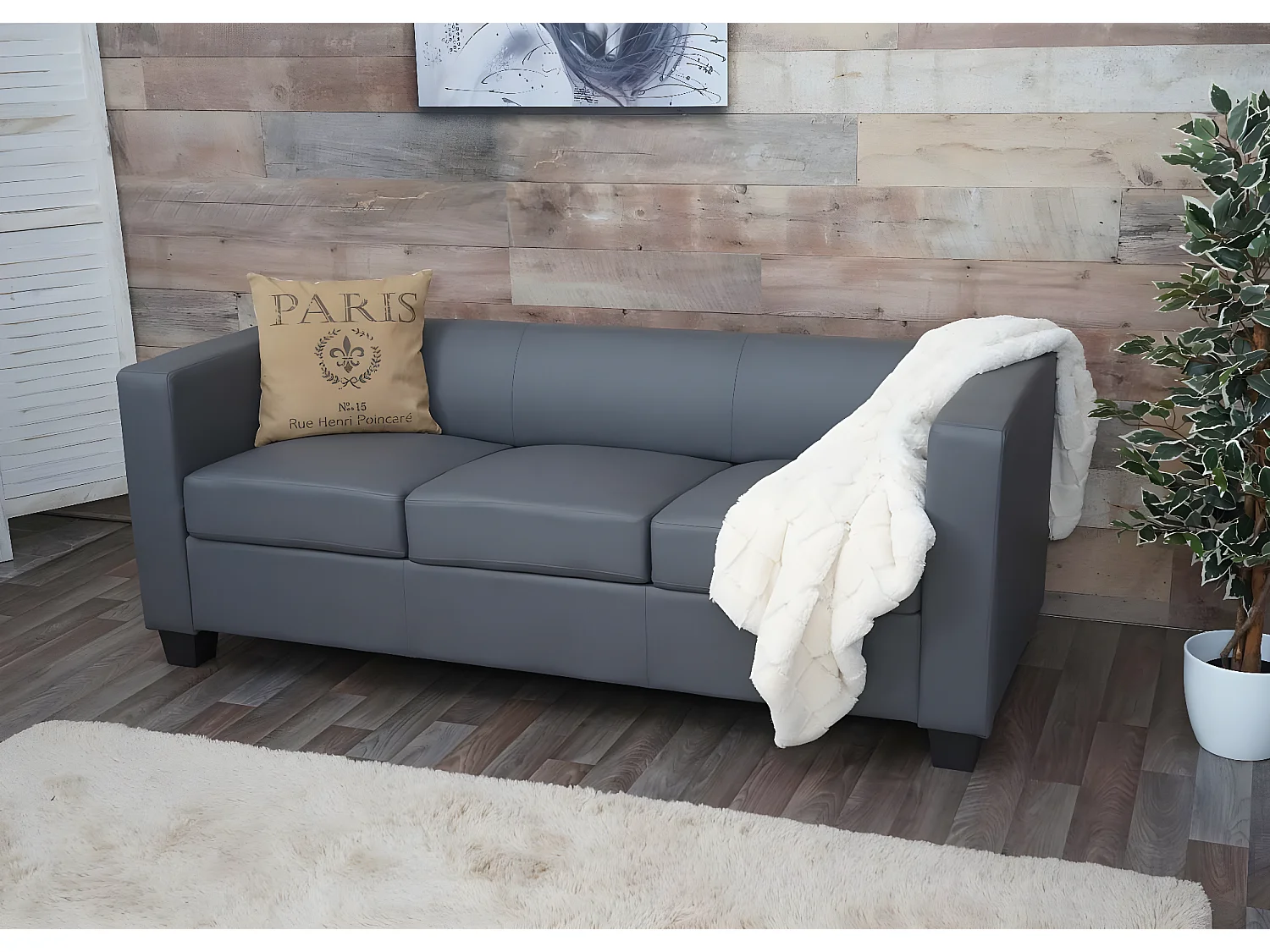 Sofa 3-osobowa Lille,  imitacja skóry, ciemnoszary