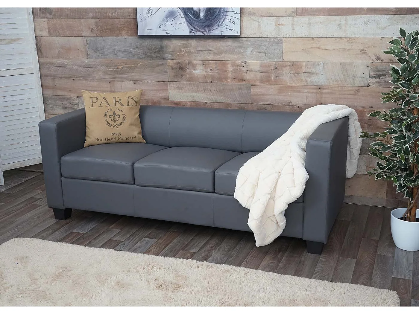 Sofa 3-osobowa Lille,  sztuczna skóra, ciemnoszara