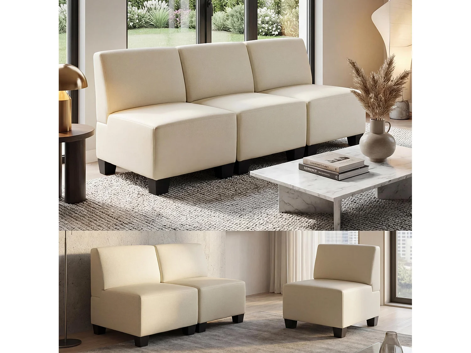 Canapé 3 places Moncalieri,  crème, sans accoudoirs