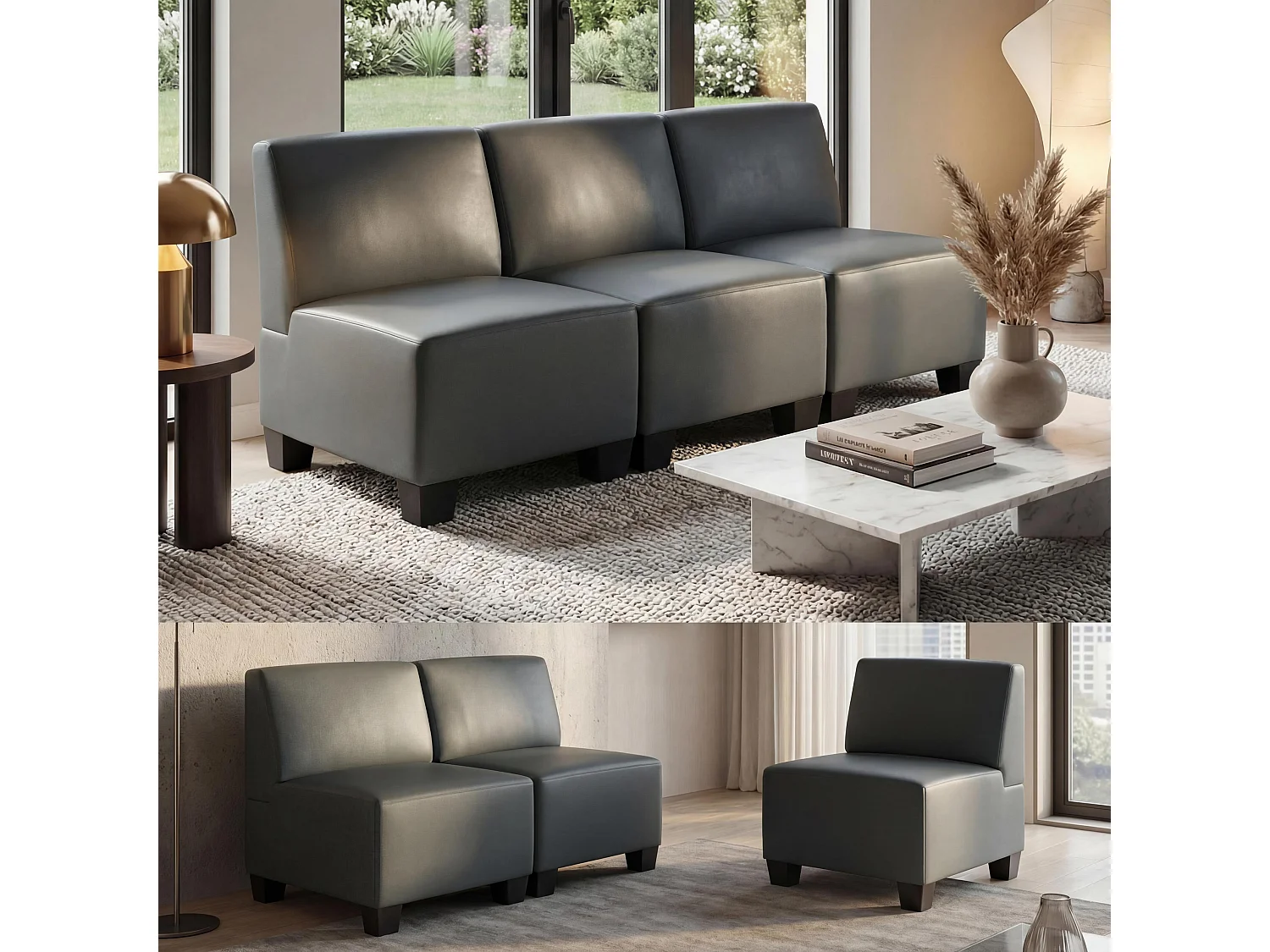 Moncalieri de 3 lugares,  cinzento escuro, sem apoios de braços