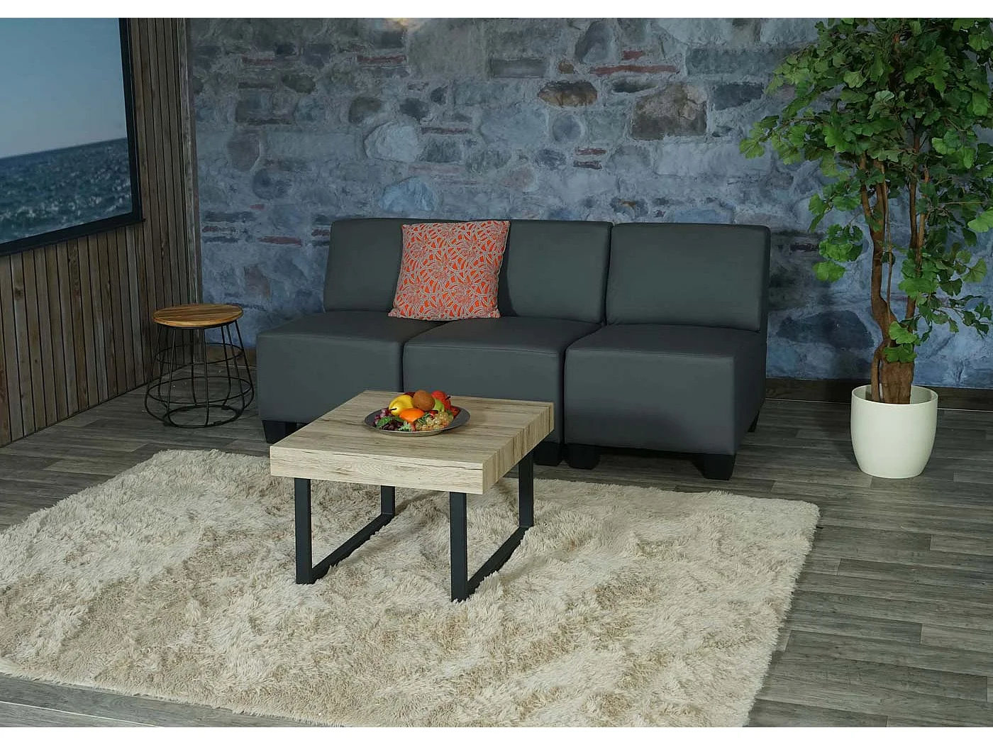 Moncalieri de 3 lugares,  cinzento escuro, sem apoios de braços