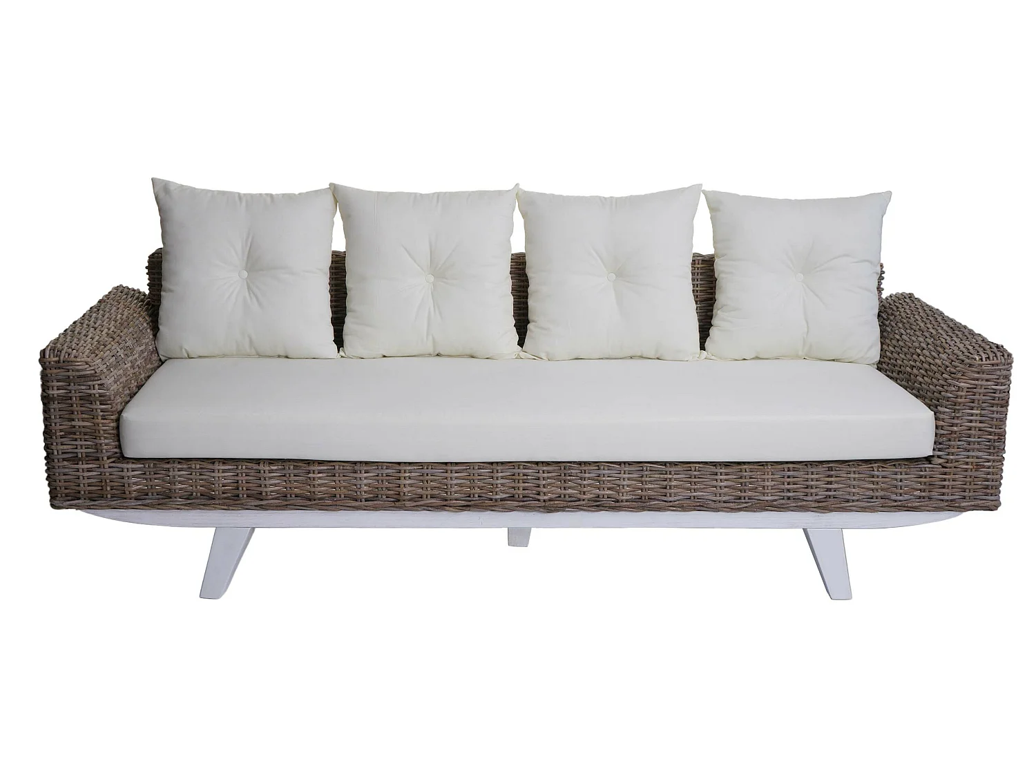 Divano MCW-M32, divano 4 posti in rattan sofà lounge con cuscini,209cm Kubu tessuto naturale/rivestimento tessile avorio