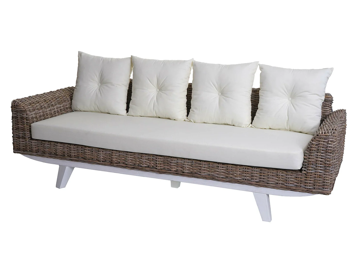 Divano MCW-M32, divano 4 posti in rattan sofà lounge con cuscini,209cm Kubu tessuto naturale/rivestimento tessile avorio