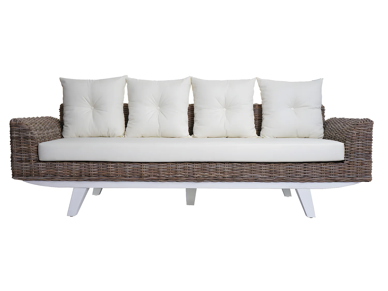 Divano MCW-M32, divano 4 posti in rattan sofà lounge con cuscini,209cm Kubu tessuto naturale/rivestimento tessile avorio