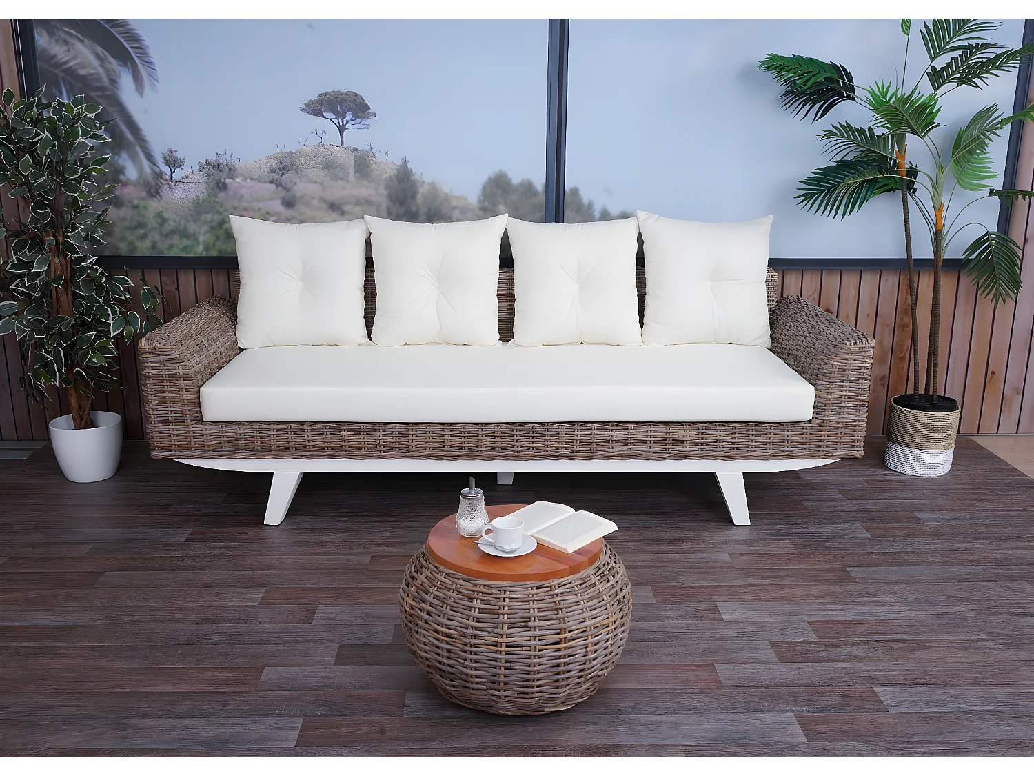 Divano MCW-M32, divano 4 posti in rattan sofà lounge con cuscini,209cm Kubu tessuto naturale/rivestimento tessile avorio