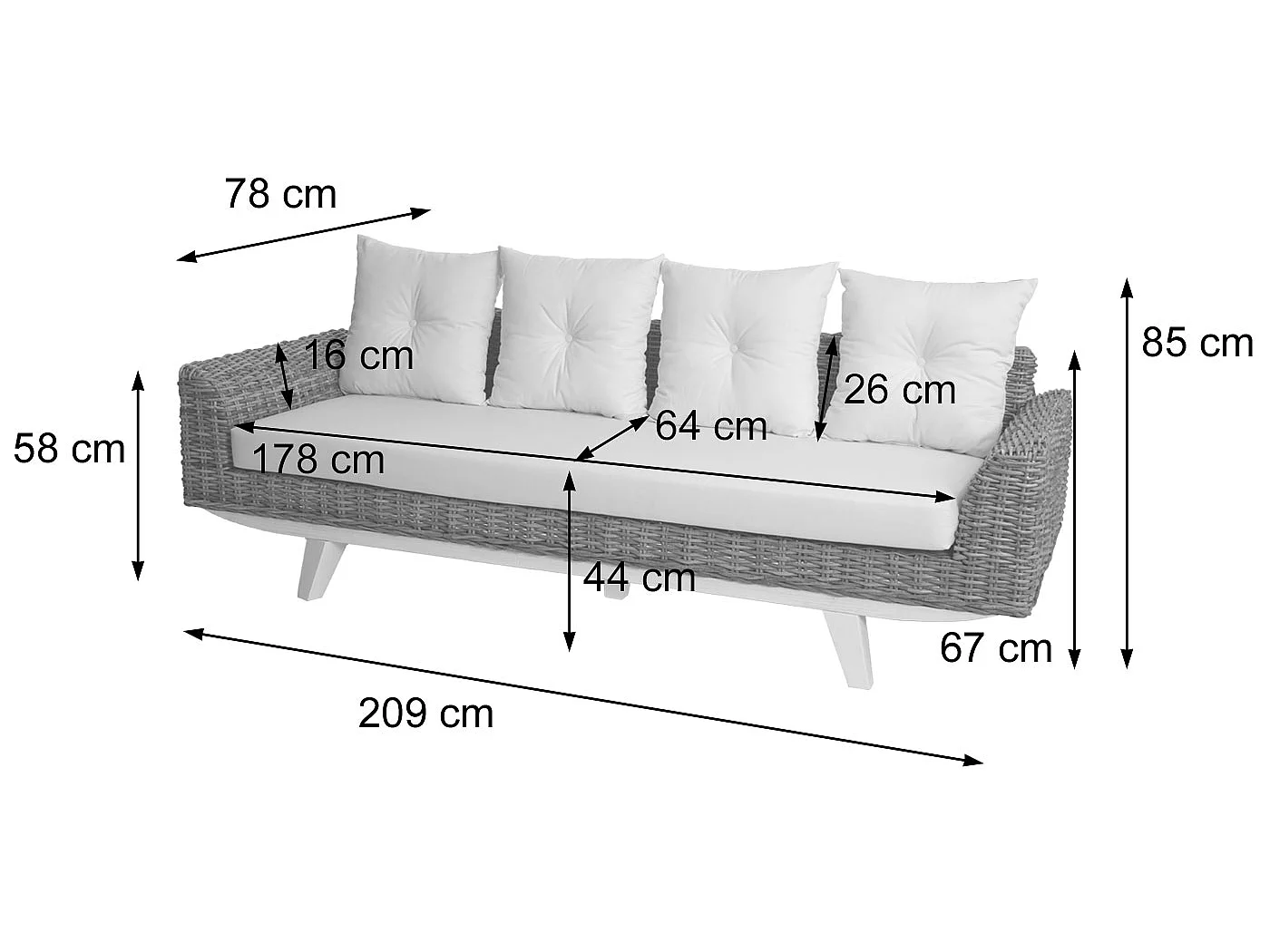 Sofa MCW-M32, 4-Sitzer Couch Rattansofa Loungesofa mit Kissen, 209cm Kubu Rattan natur Stoff/Textil Polster creme