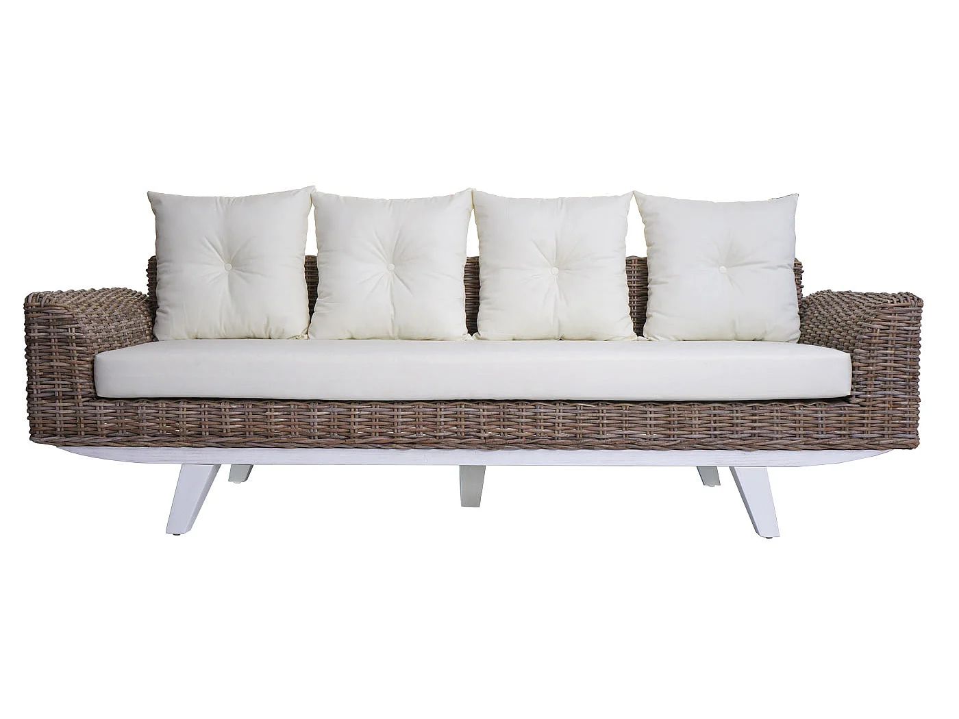 Sofa MCW-M32, 4-Sitzer Couch Rattansofa Loungesofa mit Kissen, 209cm Kubu Rattan natur Stoff/Textil Polster creme