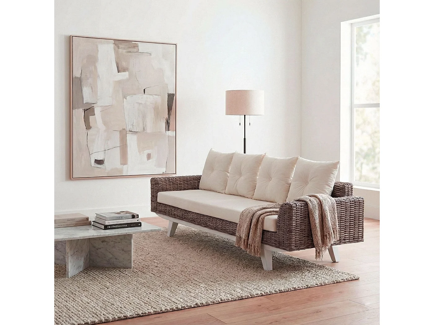 Sofa MCW-M32, 4-Sitzer Couch Rattansofa Loungesofa mit Kissen, 209cm Kubu Rattan natur Stoff/Textil Polster creme