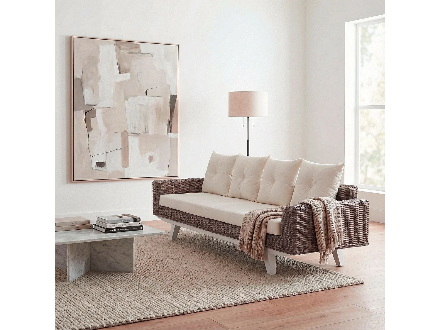 Divano MCW-M32, divano 4 posti in rattan sofà lounge con cuscini,209cm Kubu tessuto naturale/rivestimento tessile avorio