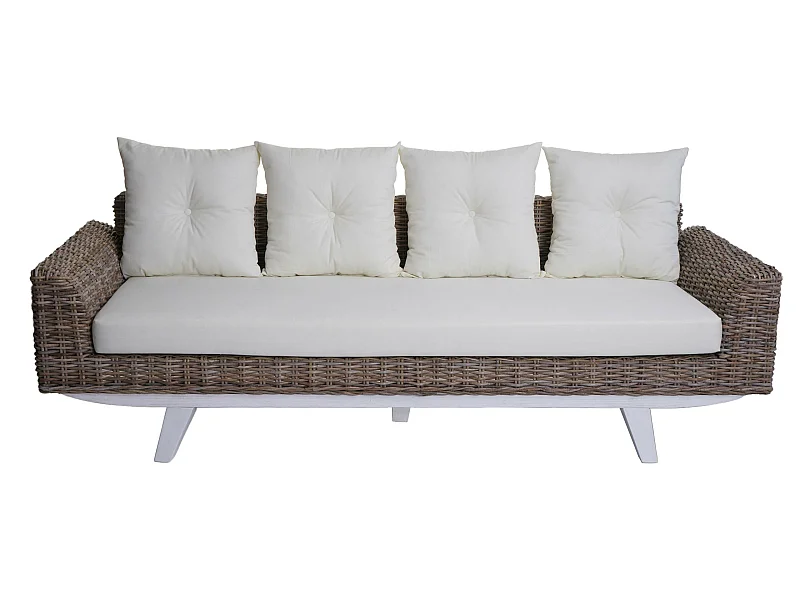 Divano MCW-M32, divano 4 posti in rattan sofà lounge con cuscini,209cm Kubu tessuto naturale/rivestimento tessile avorio