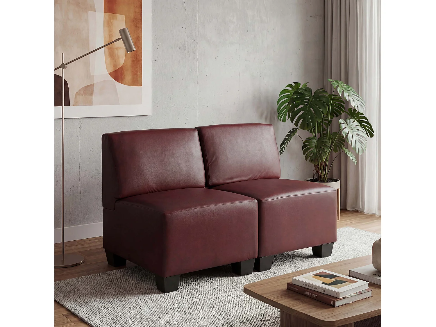 Canapé 2 places Moncalieri,  rouge-marron, sans accoudoirs