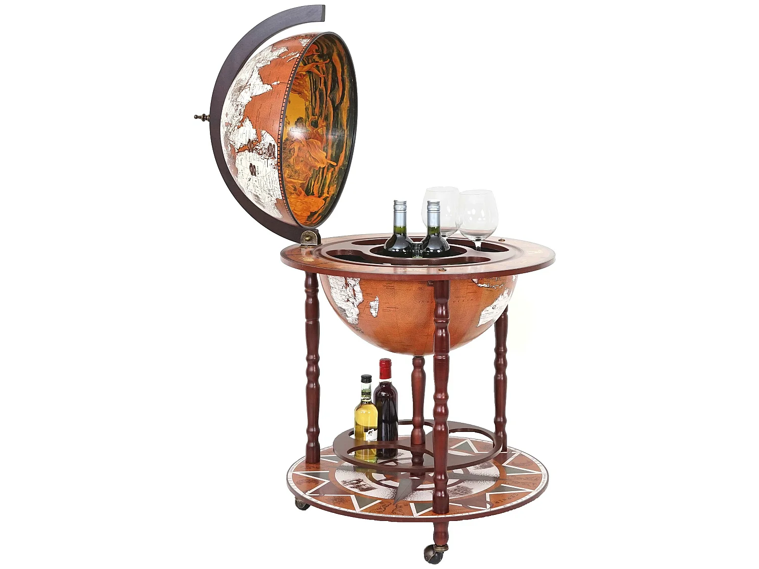 Mini bar portabottiglie carrello con ruote mappamondo decorativo MCW-D86 legno eucalipto