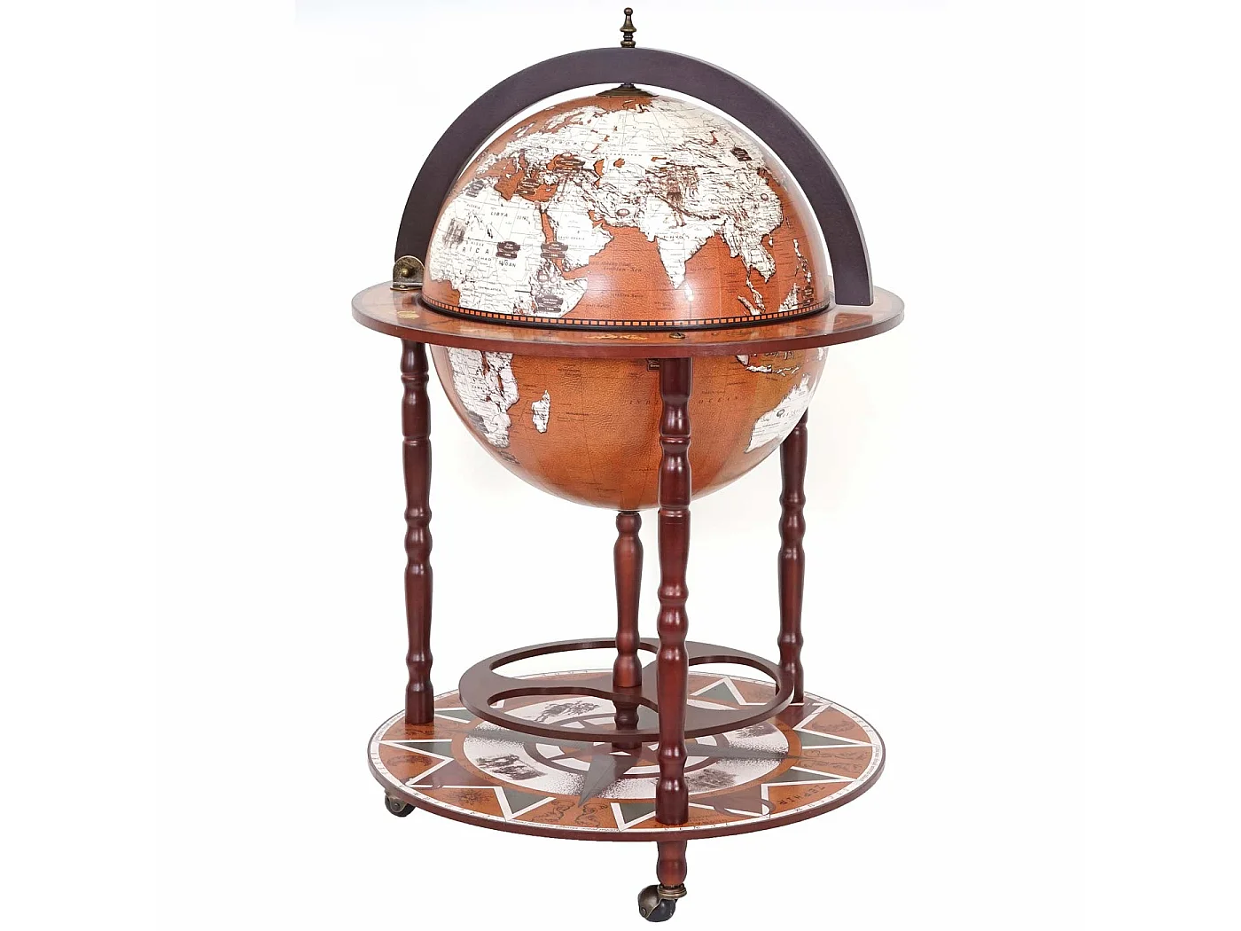 Mini bar portabottiglie carrello con ruote mappamondo decorativo MCW-D86 legno eucalipto