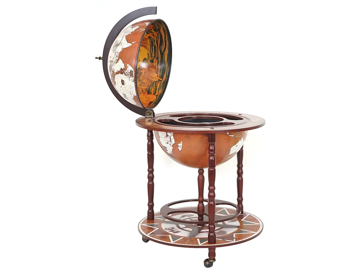 Mini bar portabottiglie carrello con ruote mappamondo decorativo MCW-D86 legno eucalipto