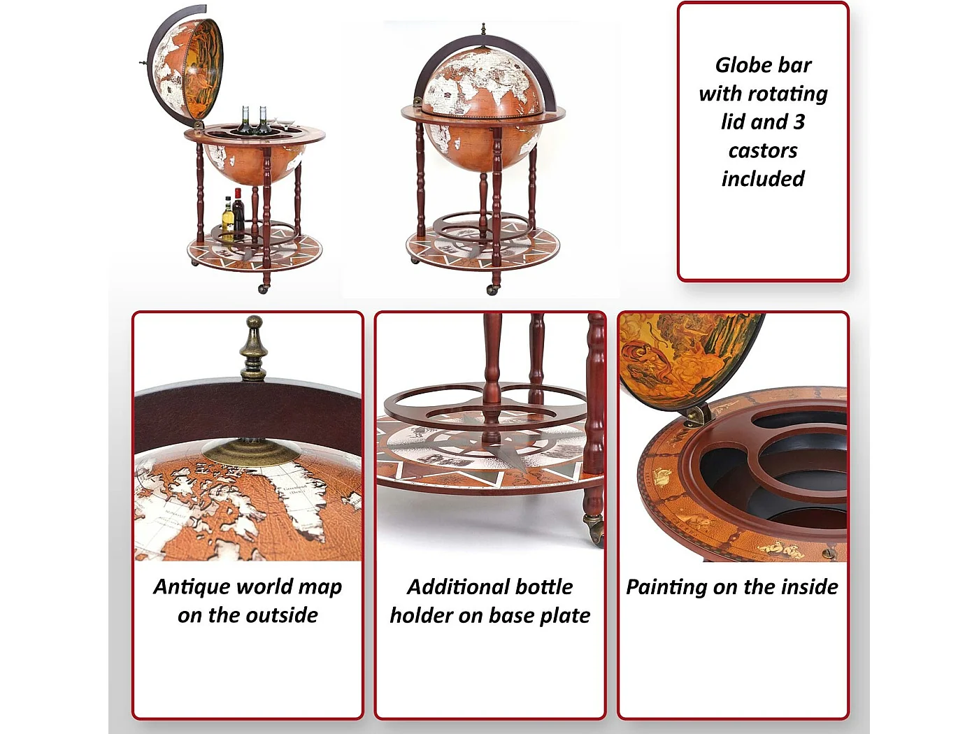 Mini bar portabottiglie carrello con ruote mappamondo decorativo MCW-D86 legno eucalipto