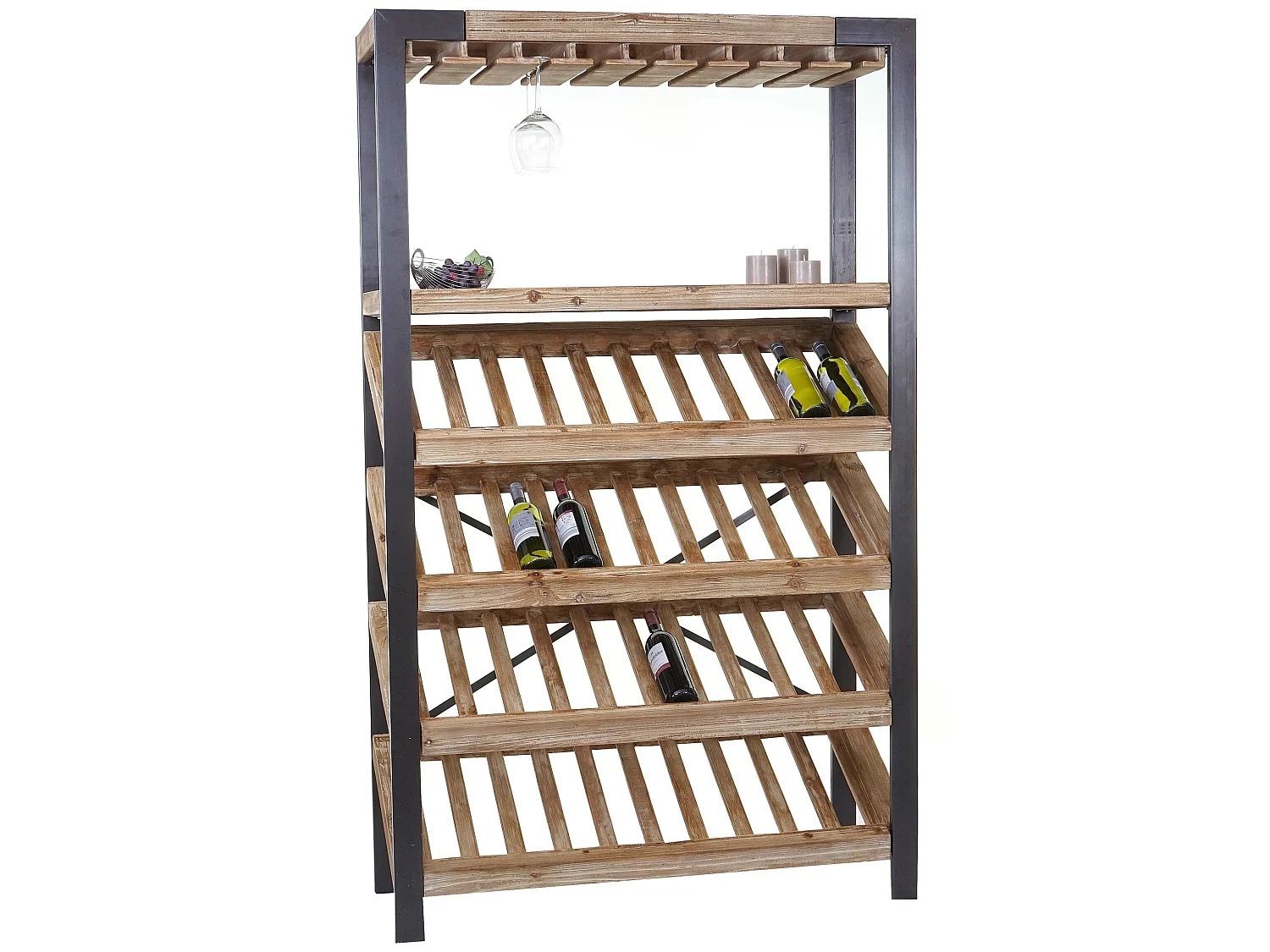 Portabottiglie cantinetta elegante moderno con portabicchieri MCW-D60 ferro legno 39x114x189cm