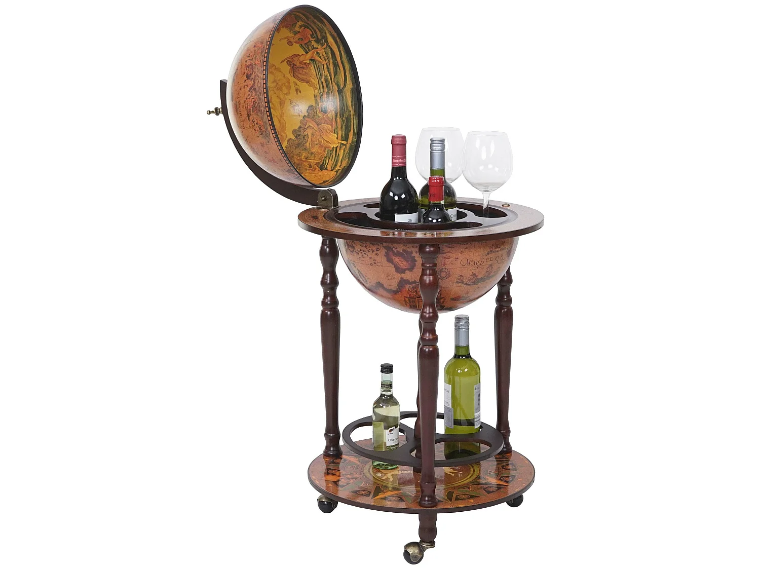 Mini bar portabottiglie carrello con ruote mappamondo decorativo MCW-T874 elegante
