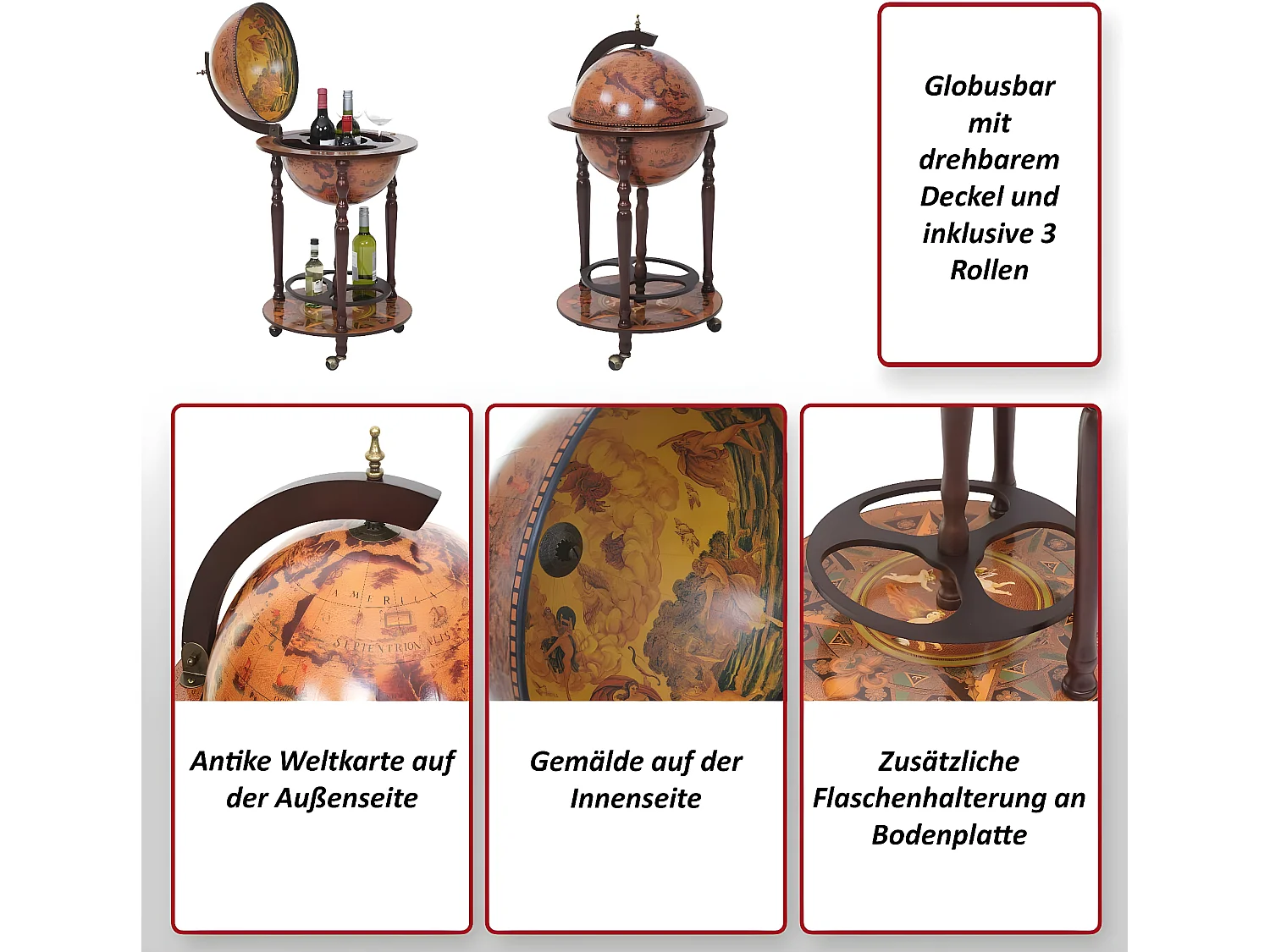 Mini bar portabottiglie carrello con ruote mappamondo decorativo MCW-T874 elegante