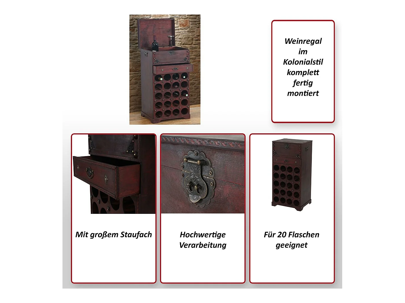 Wijnrek Rhone 20 flessen lade, Calvados wijnrek Houten rek, koloniale stijl, voor 20 flessen, met lade