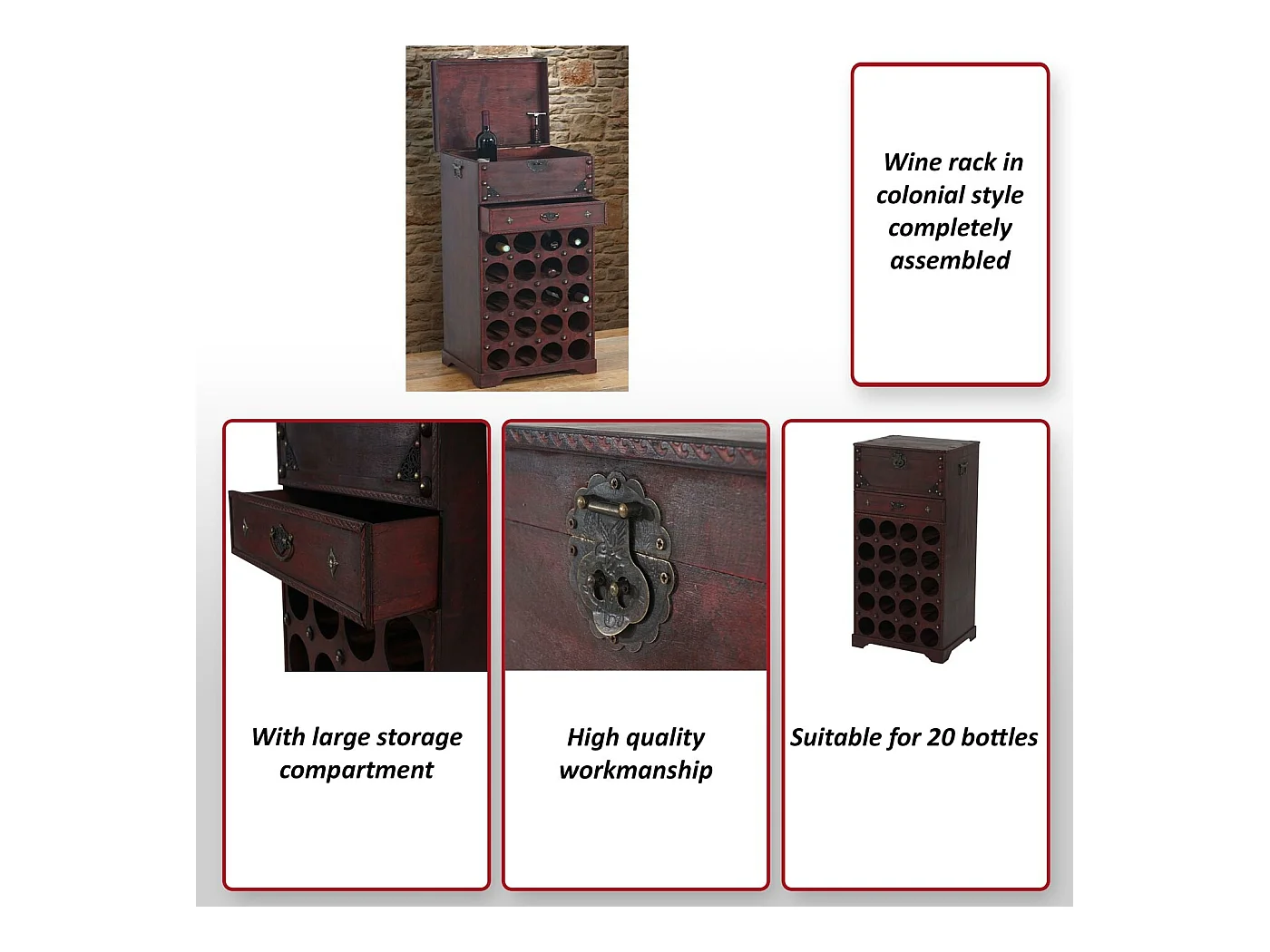 Wijnrek Rhone 20 flessen lade, Calvados wijnrek Houten rek, koloniale stijl, voor 20 flessen, met lade