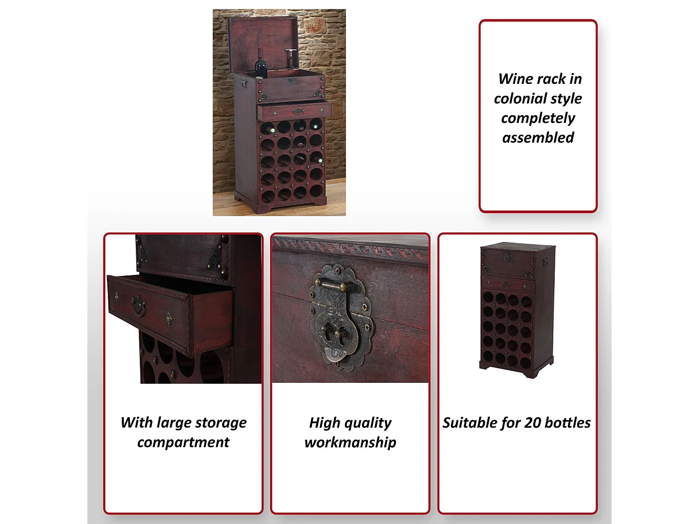 Garrafeira Rhone com gaveta para 20 garrafas, Garrafeira Calvados Garrafeira em madeira, estilo colonial, para 20 garrafas, com gaveta