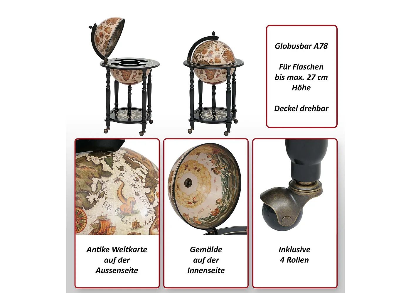 Mini bar portabottiglie mappamondo elegante decorativo MCW-A78 legno di eucalipto