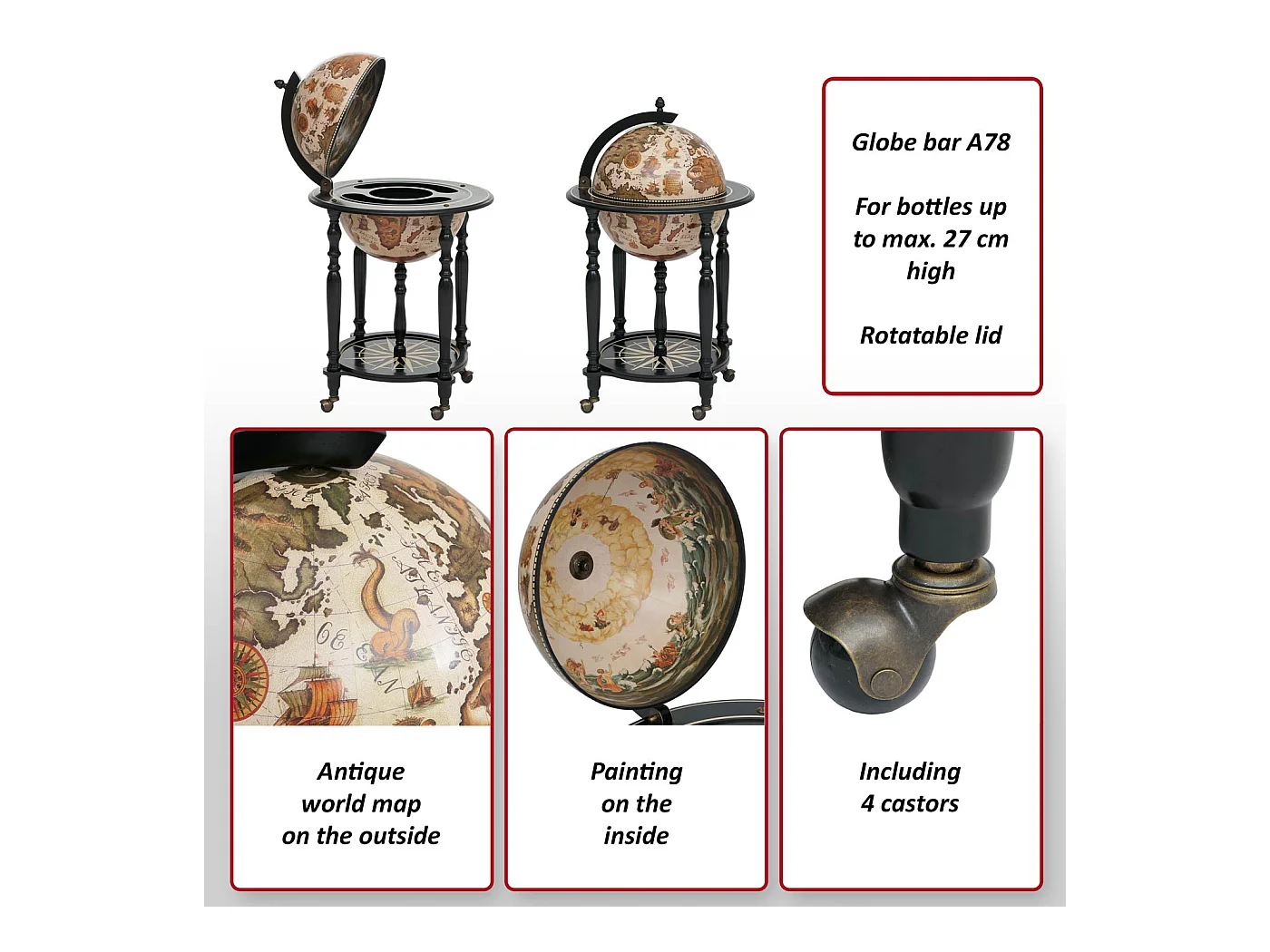 Mini bar portabottiglie mappamondo elegante decorativo MCW-A78 legno di eucalipto