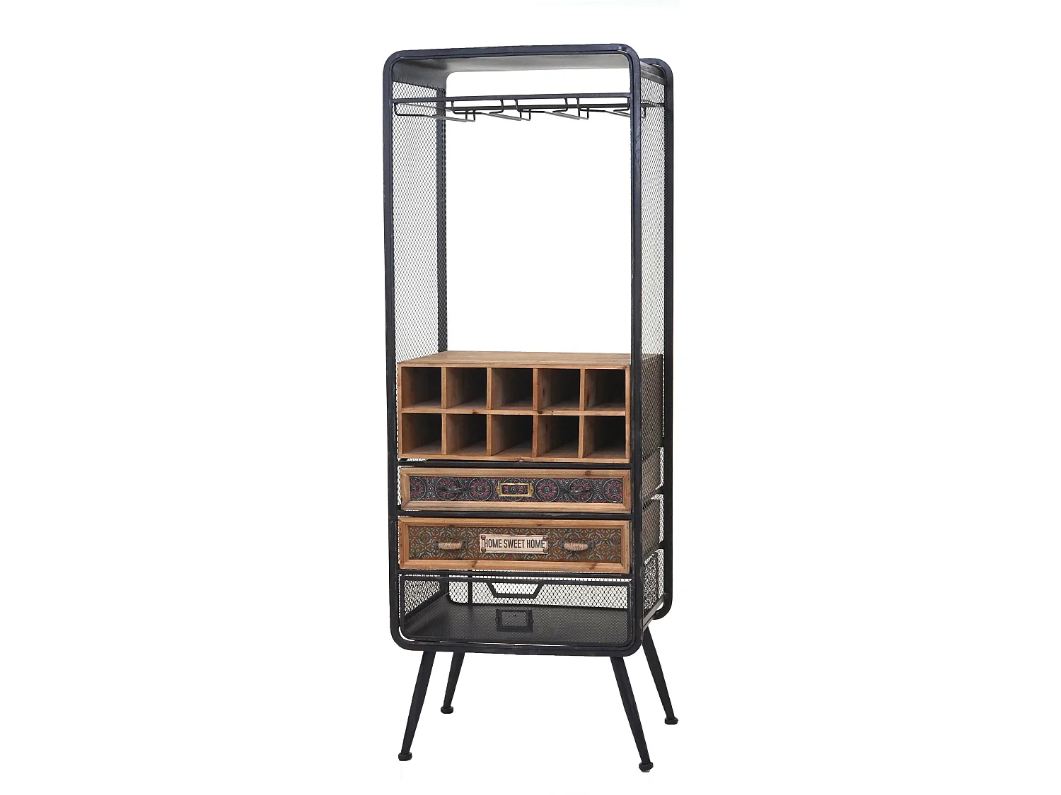 Portabottiglie con cassetti e portabicchieri MCW-C91 legno metallo