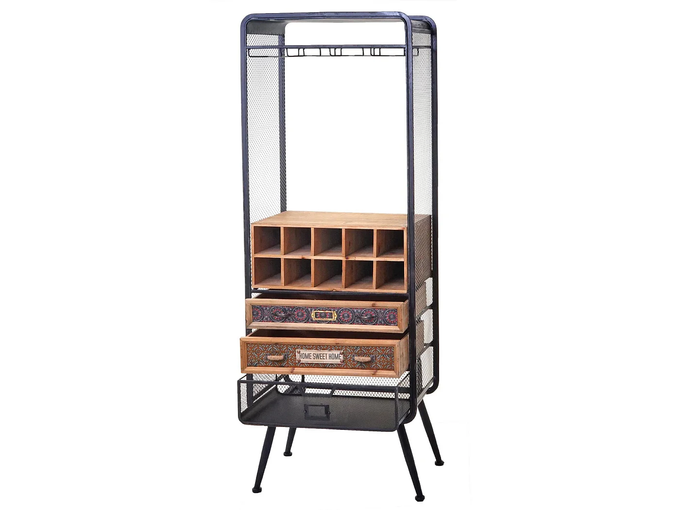 Portabottiglie con cassetti e portabicchieri MCW-C91 legno metallo