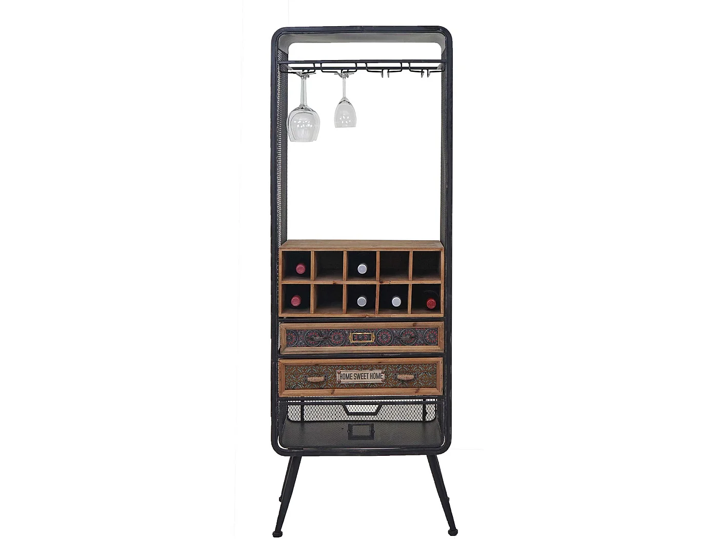 Portabottiglie con cassetti e portabicchieri MCW-C91 legno metallo