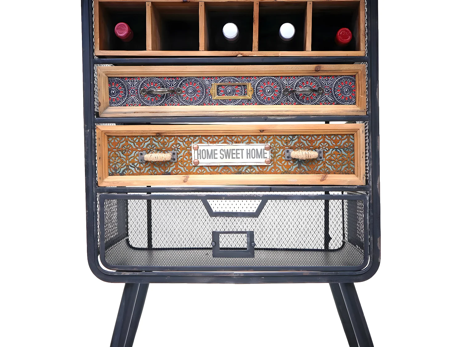 Portabottiglie con cassetti e portabicchieri MCW-C91 legno metallo