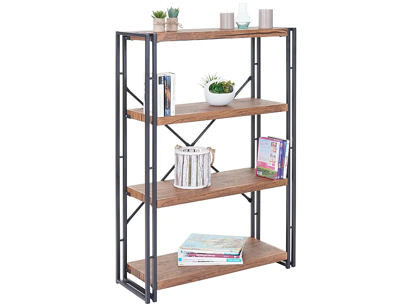 Libreria scaffale 3D MDF MCW-A27 4 ripiani 80x121cm legno metallo color rovere scuro