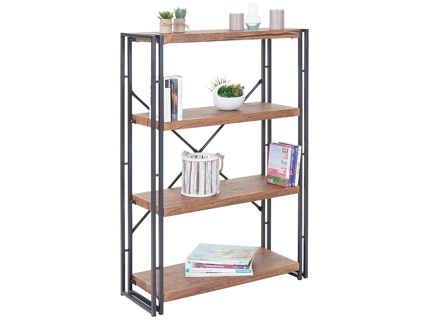 Libreria scaffale 3D MDF MCW-A27 4 ripiani 80x121cm legno metallo color rovere scuro