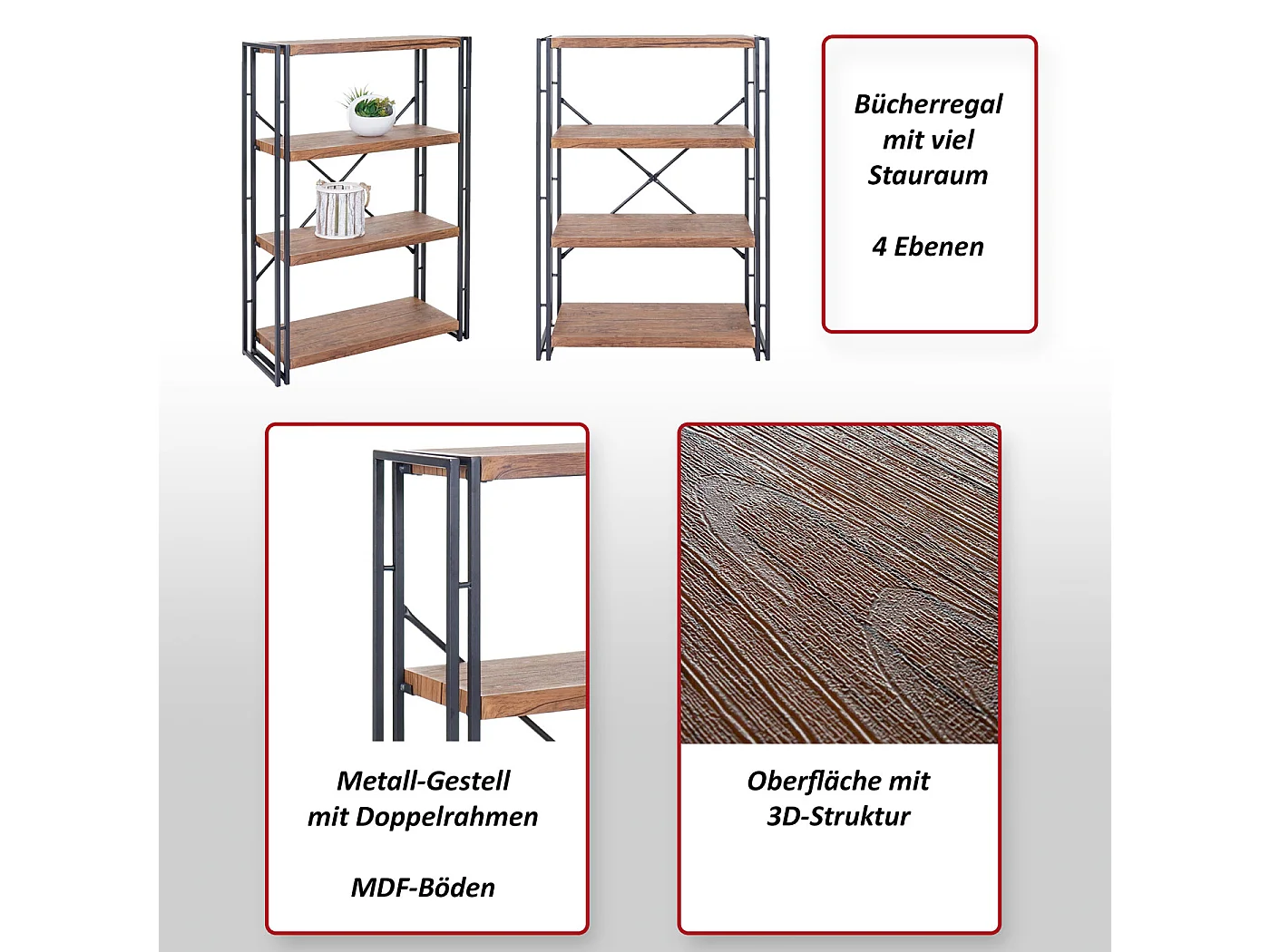 Libreria scaffale 3D MDF MCW-A27 4 ripiani 80x121cm legno metallo color rovere scuro