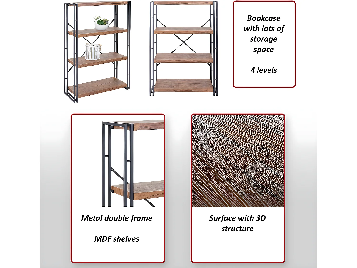 Libreria scaffale 3D MDF MCW-A27 4 ripiani 80x121cm legno metallo color rovere scuro