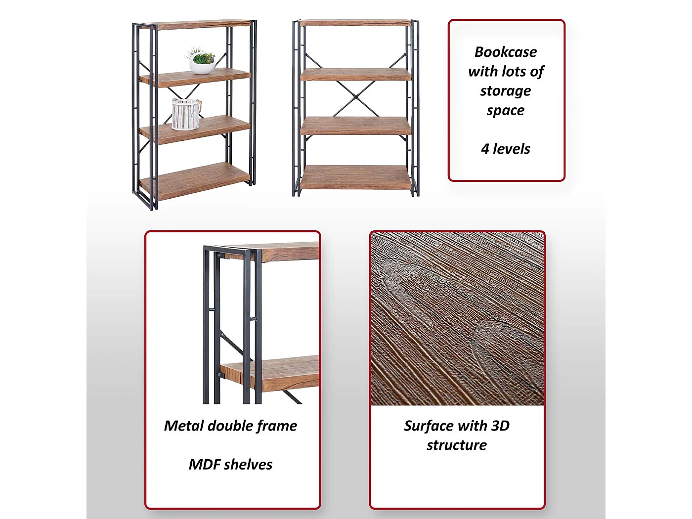 Bücherregal MCW-A27, Standregal Wohnregal, 121x80cm 3D-Struktur 4 Ebenen, Wildeiche-Optik