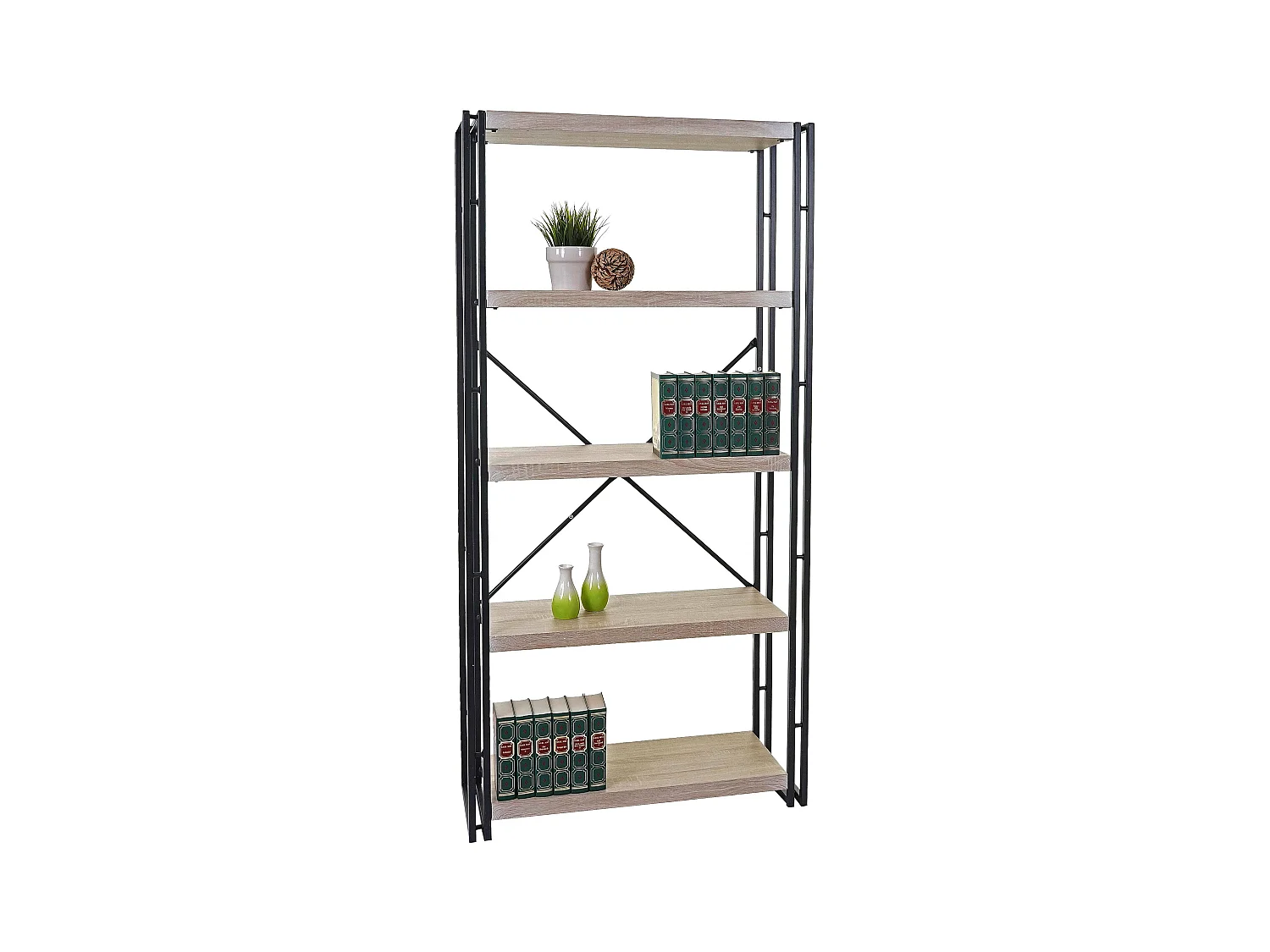 Libreria scaffale industriale 3D MDF MCW-A27 5 ripiani 80x165cm legno metallo rovere chiaro
