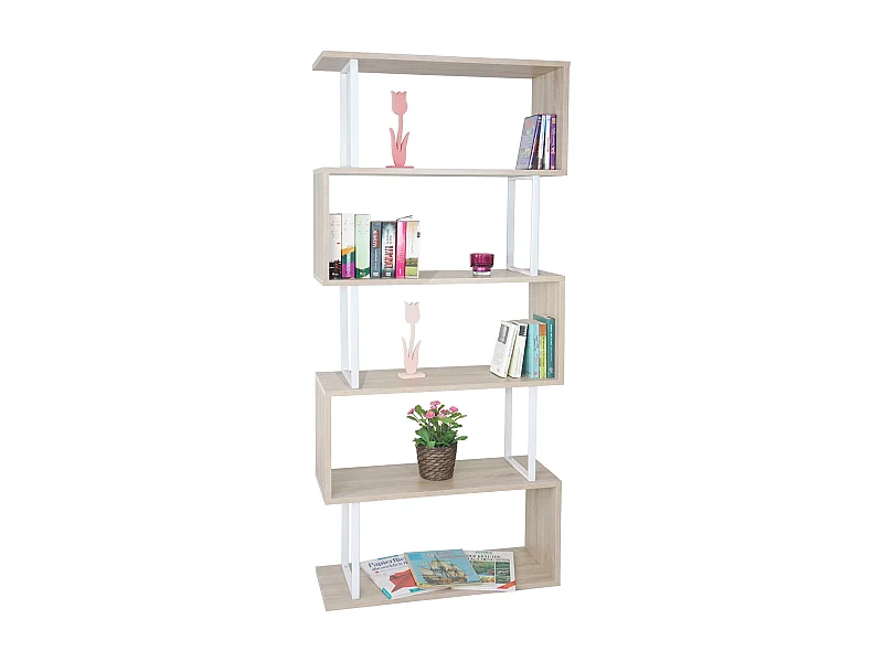 Libreria scaffale 3D MDF MCW-A27 5 ripiani 30x80x183cm legno metallo color rovere chiaro