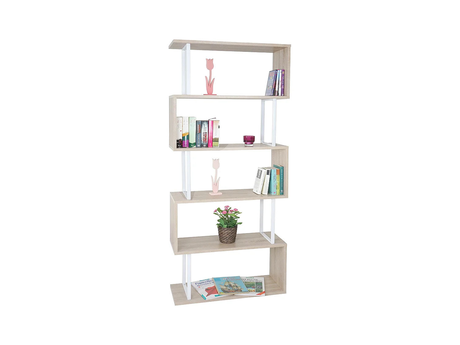 Boekenkast MCW-A27,  eiken look, wit metaal