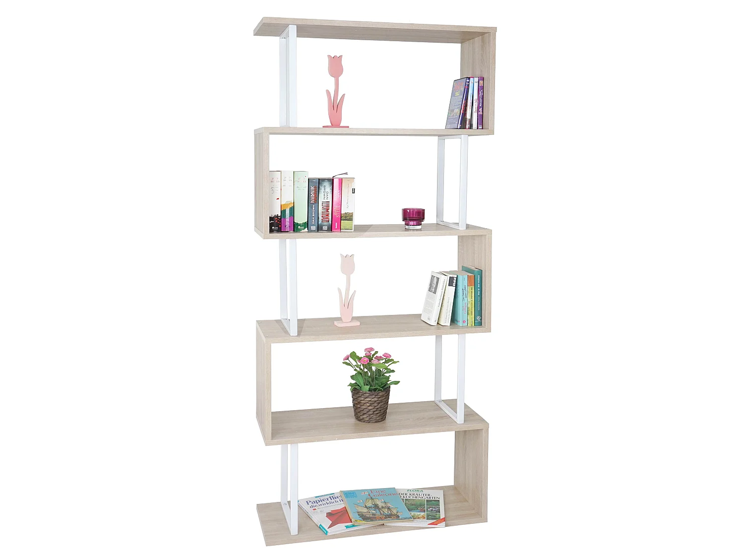 Boekenkast MCW-A27,  eiken look, wit metaal