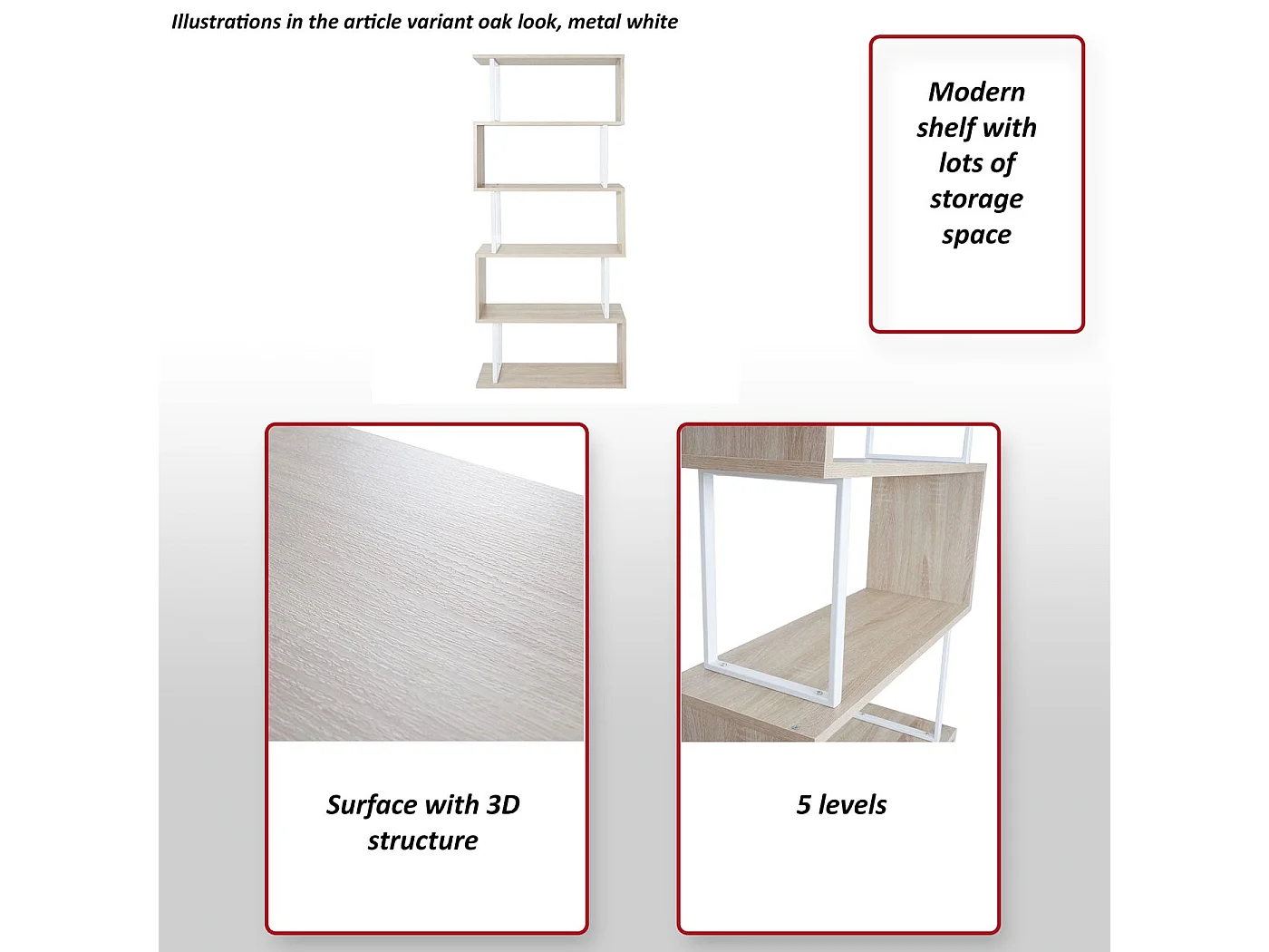 Boekenkast MCW-A27,  eiken look, wit metaal