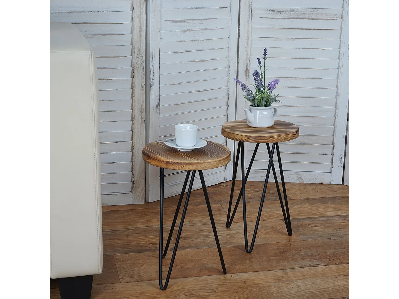 Table d'appoint MCW-A80 (lot de 2), 2x table d'appoint MCW-A80, table de nuit, design industriel, bois véritable, Ø35cm