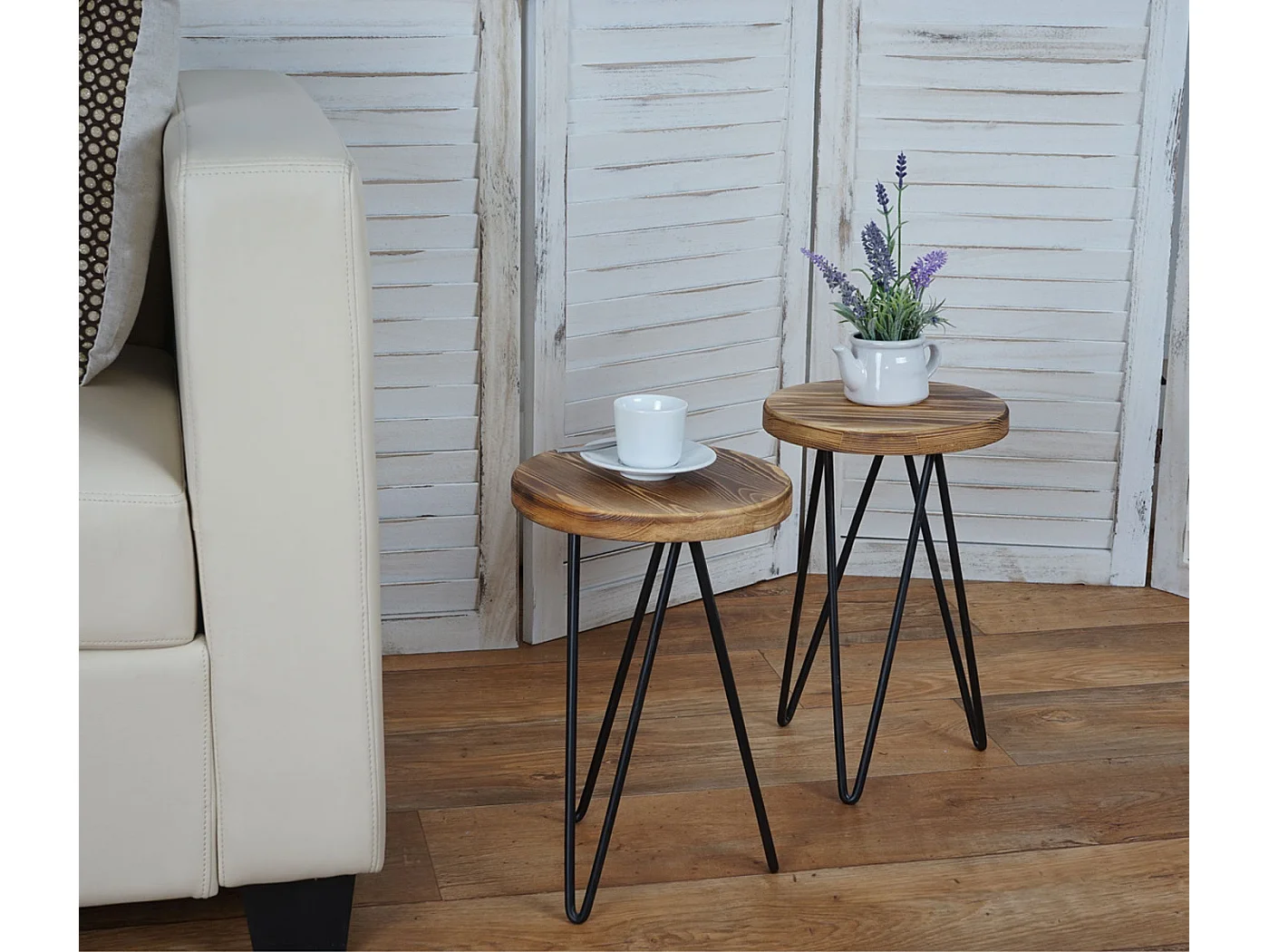 Table d'appoint MCW-A80 (lot de 2), 2x table d'appoint MCW-A80, table de nuit, design industriel, bois véritable, Ø35cm