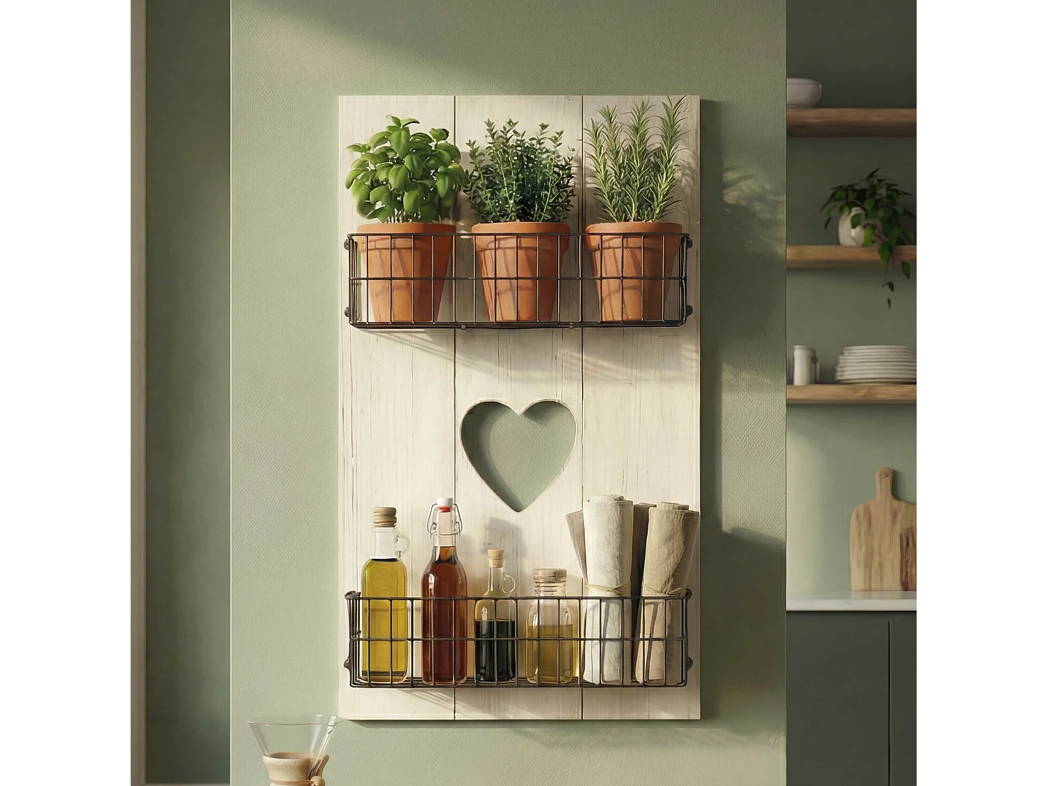 Væghylde MCW-D42 i massivt træ, shabby-stil,  hvid shabby, 70x40x10 cm