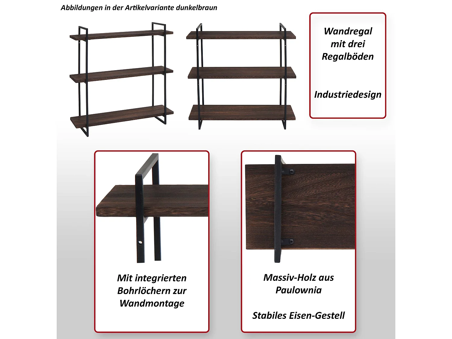 Étagère murale MCW-K78,  naturel, métal noir