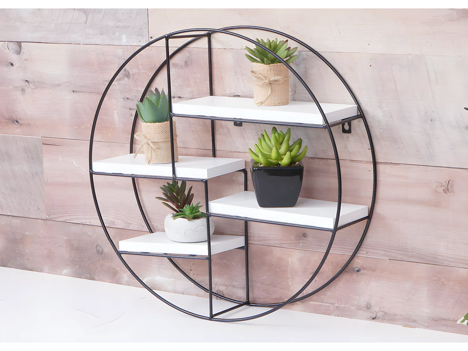 Scaffale mensola portaoggetti pensile 4 ripiani MCW-K76 rotondo 45x45x11cm ferro verniciato legno bianco