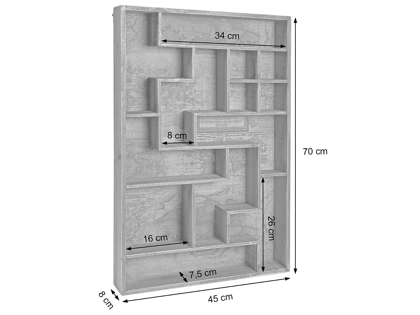 Scaffale mensola bacheca MCW-F35 mappa del mondo antico 13 scomparti legno 8x45x70cm