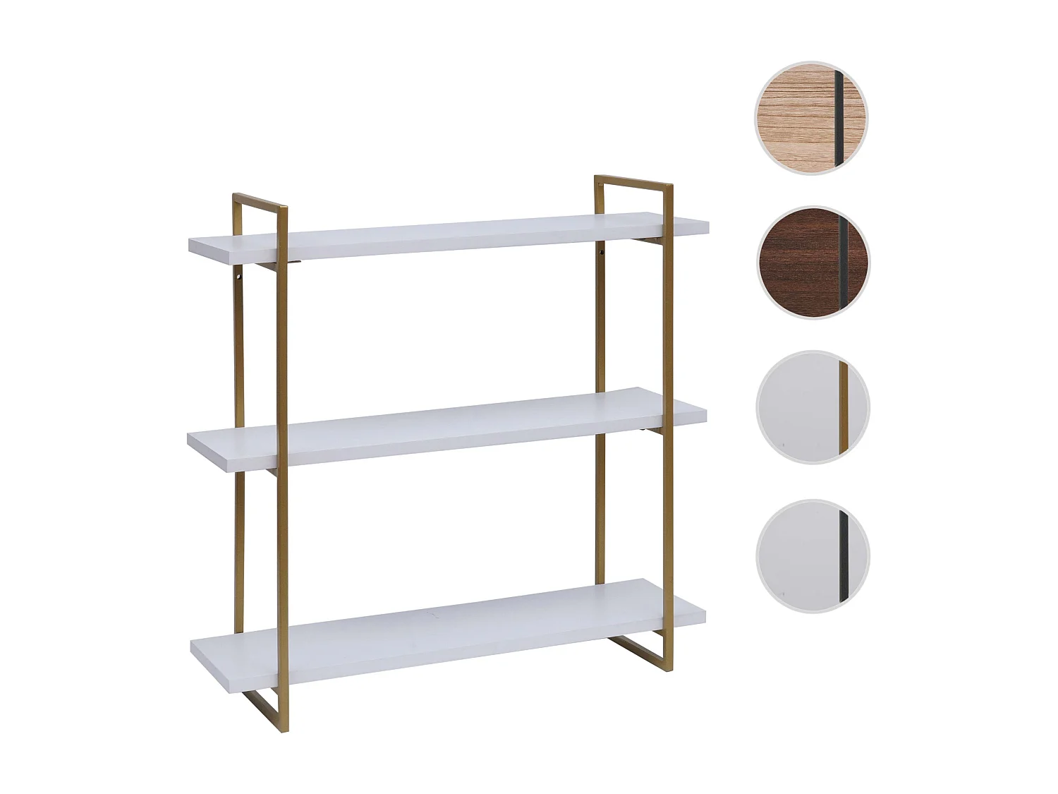 Scaffale mensola portaoggetti pensile 3 ripiani MCW-K78 60x60x18cm ferro verniciato gold legno bianco
