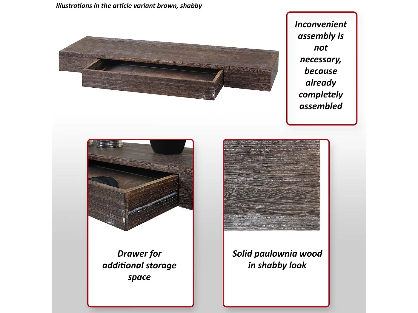 Mensola ripiano pensile con cassetto MCW-H37 25x80x8cm legno massello ~ nero