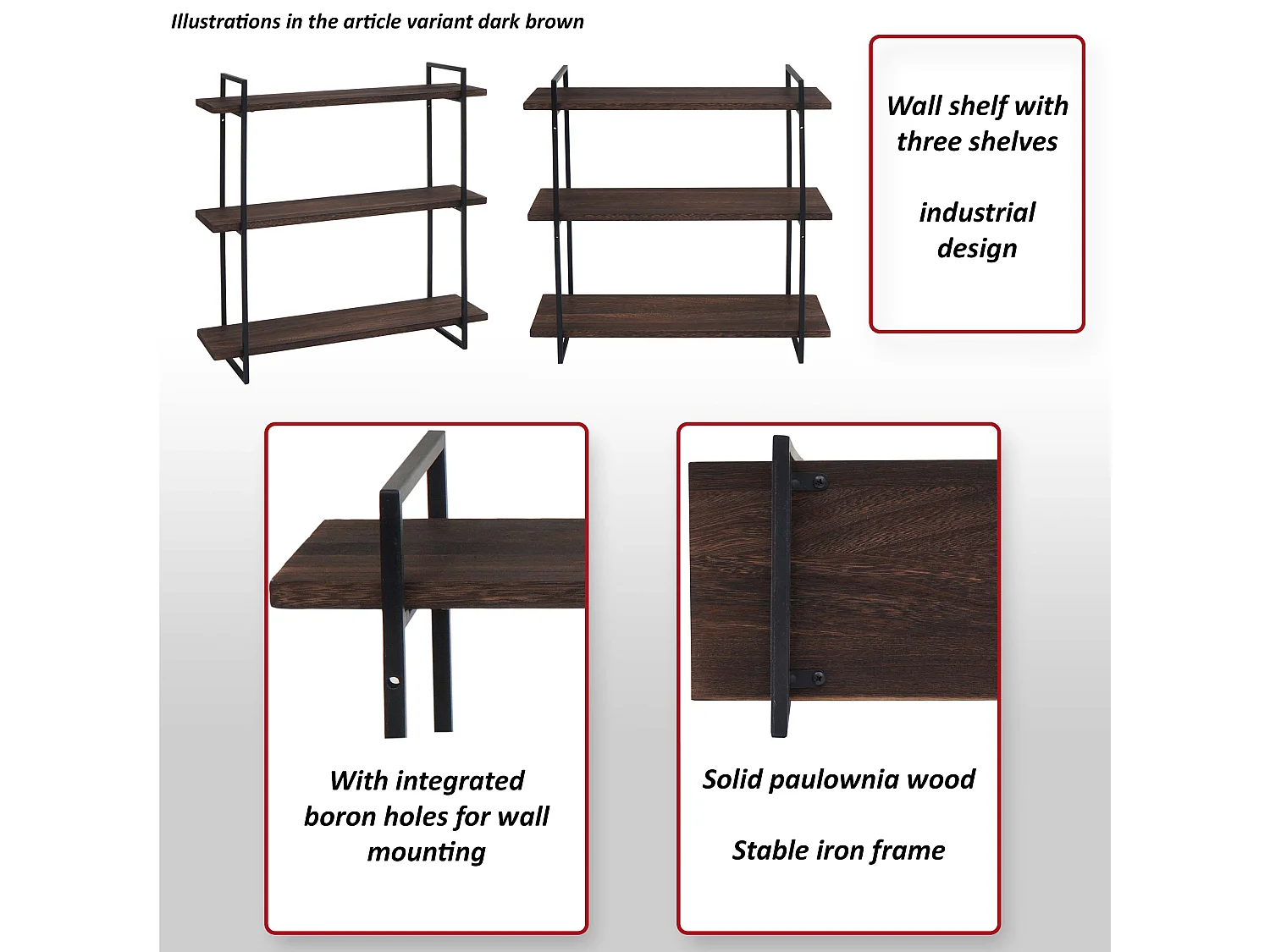 Étagère murale MCW-K78,  brun foncé, métal noir